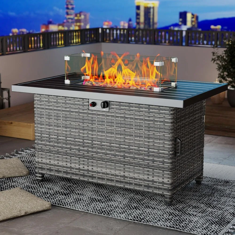 

LHBcraft 44 Inch Propane Fire Pit, 50000 BTU Fire Pit Table with Glass Wind Guard and Lid, Gas Fire Pits for Outside Patio and G