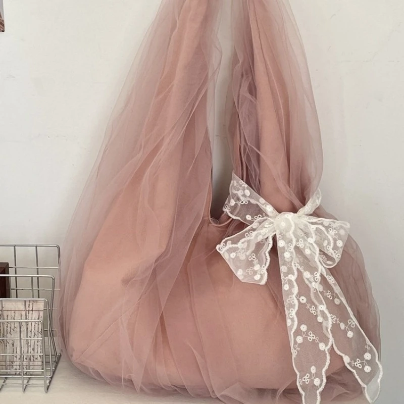 

Fresh Color Flower Embroidery Vest Bag with Lace Ribbon Korean Style Vacation Tote Bag Large Capacity Lightweight Eco Bag ﻿