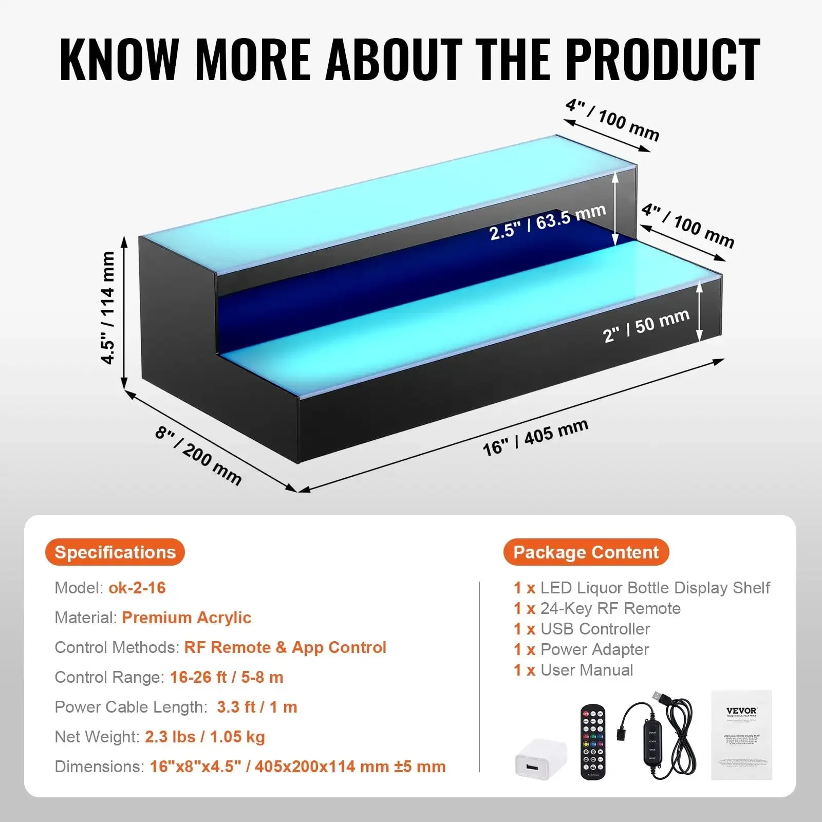 Estante de barra de exhibición de botellas de licor con luz LED Control de aplicaciones RF 16" 2 pasos
