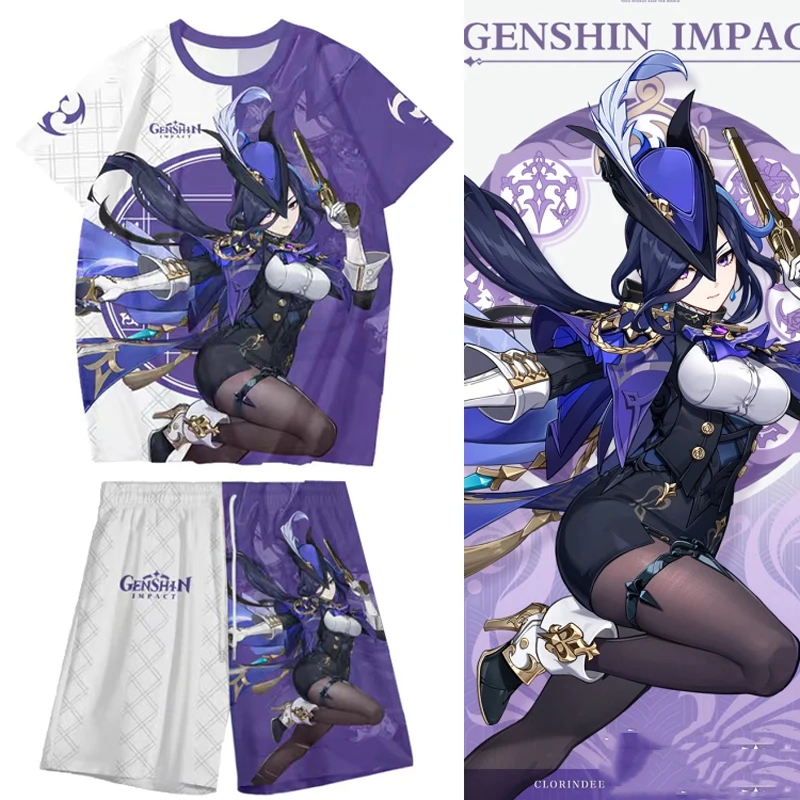 Anime Genshin Impact Clorinde Cosplay T-Shirt and Shorts Cool Summer Short Sleeve Kimono Haori Cape Tops Streetwear Sport Suit