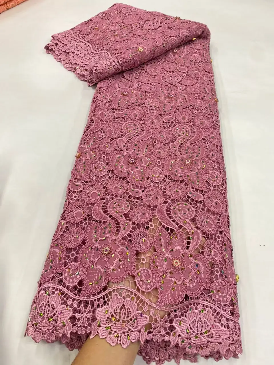 

2025 Nigerian Sequins Tulle Lace Fabric High-Quality Embroidery African Net Cloth for Prom Dresses Beads 5 Yards JL537