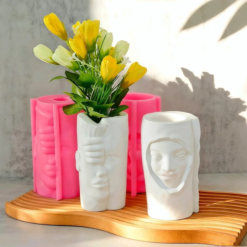 

2pcs Abstract Face Vase Silicone Mold for Cement and Plaster Flower Pots, DIY Modern Home Decor Sculpture
