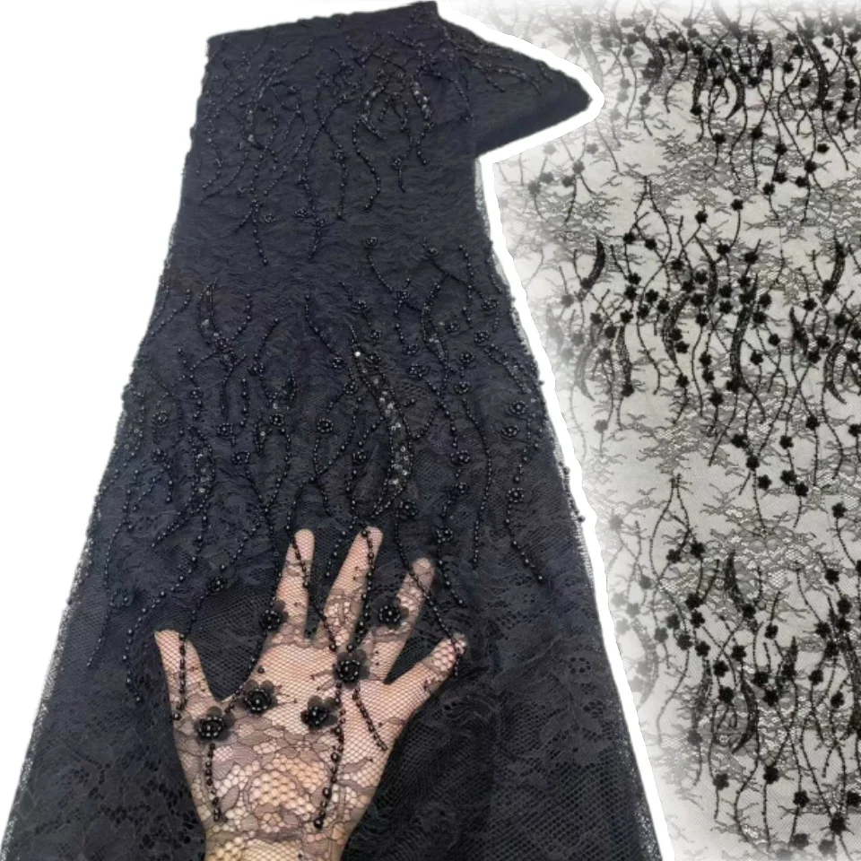 

Черные африканские бусины, фатиновая кружевная ткань для жениха, роскошная 2026, высокое качество, вышивка блестками, французские тюлевые кружева для вечеринки, шитья 2009 г.