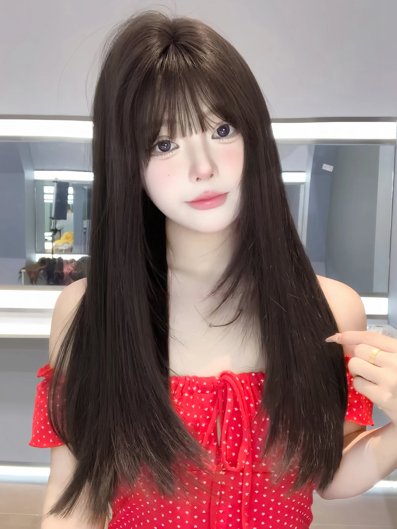 26Inch Black Pretty Lovely Synthetic Wigs With Bang Long Natural Straight Hair Wig for Women Daily Cosplay Party Heat Resistant