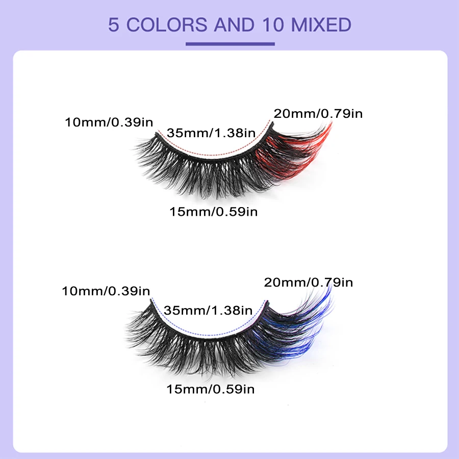 カラーまつげ10ペア、3D人工まつげ、ふわふわカラーつけまつげ、カラーエンド付き
