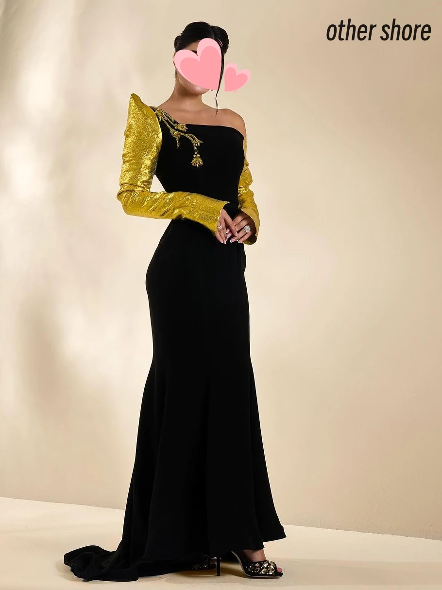 Other Shore Elegant Vintage Black Mermaid Beading Gold One Shoulder Customize Formal Occasion Prom Dress Evening Party Gowns