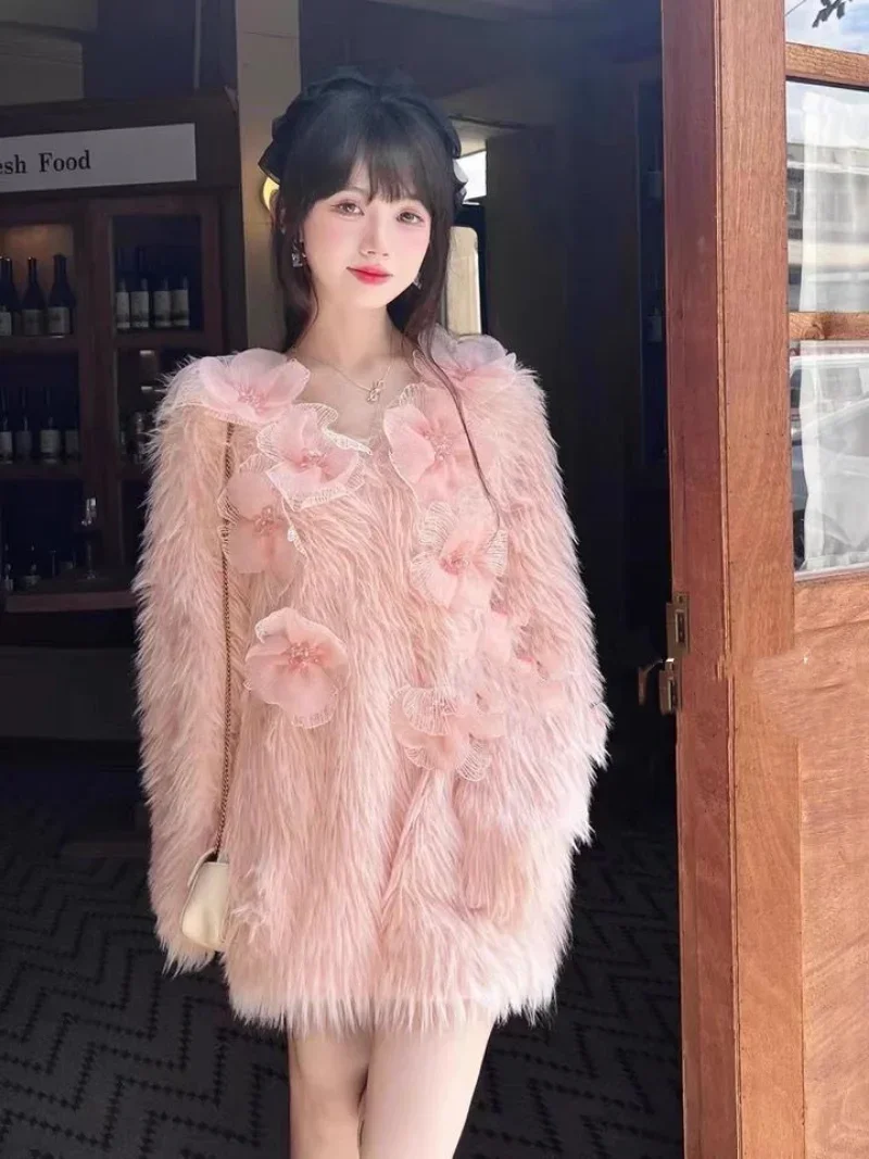 Neploe Loose Heavy Duty Beaded Flower Knitted Dress 2024 Women Autumn Winter Sweet Large Thickened Mink Fleece Sweater Dresses