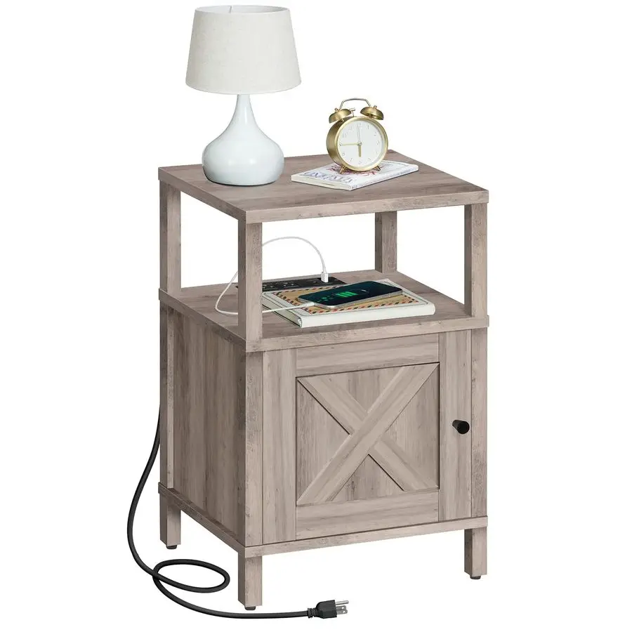 

Прикроватная тумбочка с зарядной станцией, серо-бежевая тумбочка с USB-портами и розетками Type-C, приставной столик с местом для хранения, прикроватная тумба