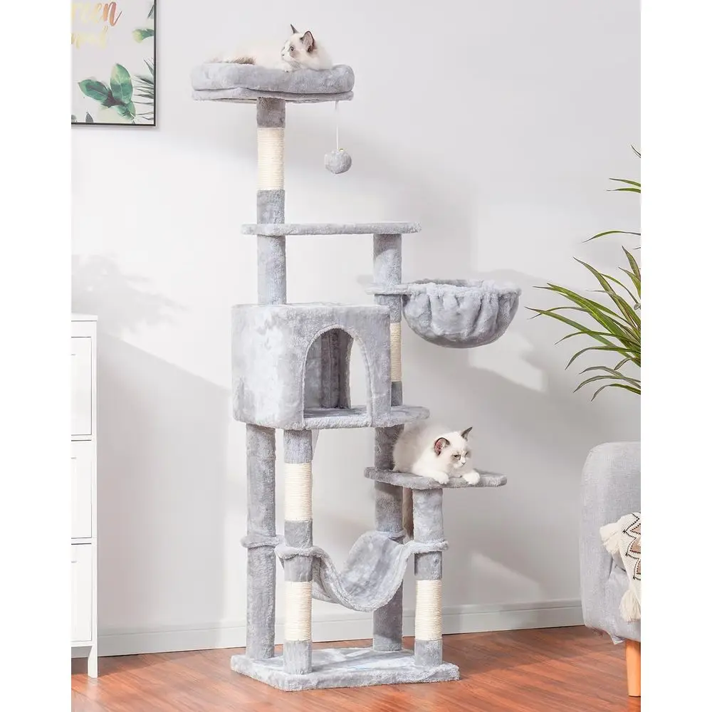 Indoor Multi-Level Cat Tree with Large Hammock, Sisal Scratching Posts, and Top Perch, Light Gray