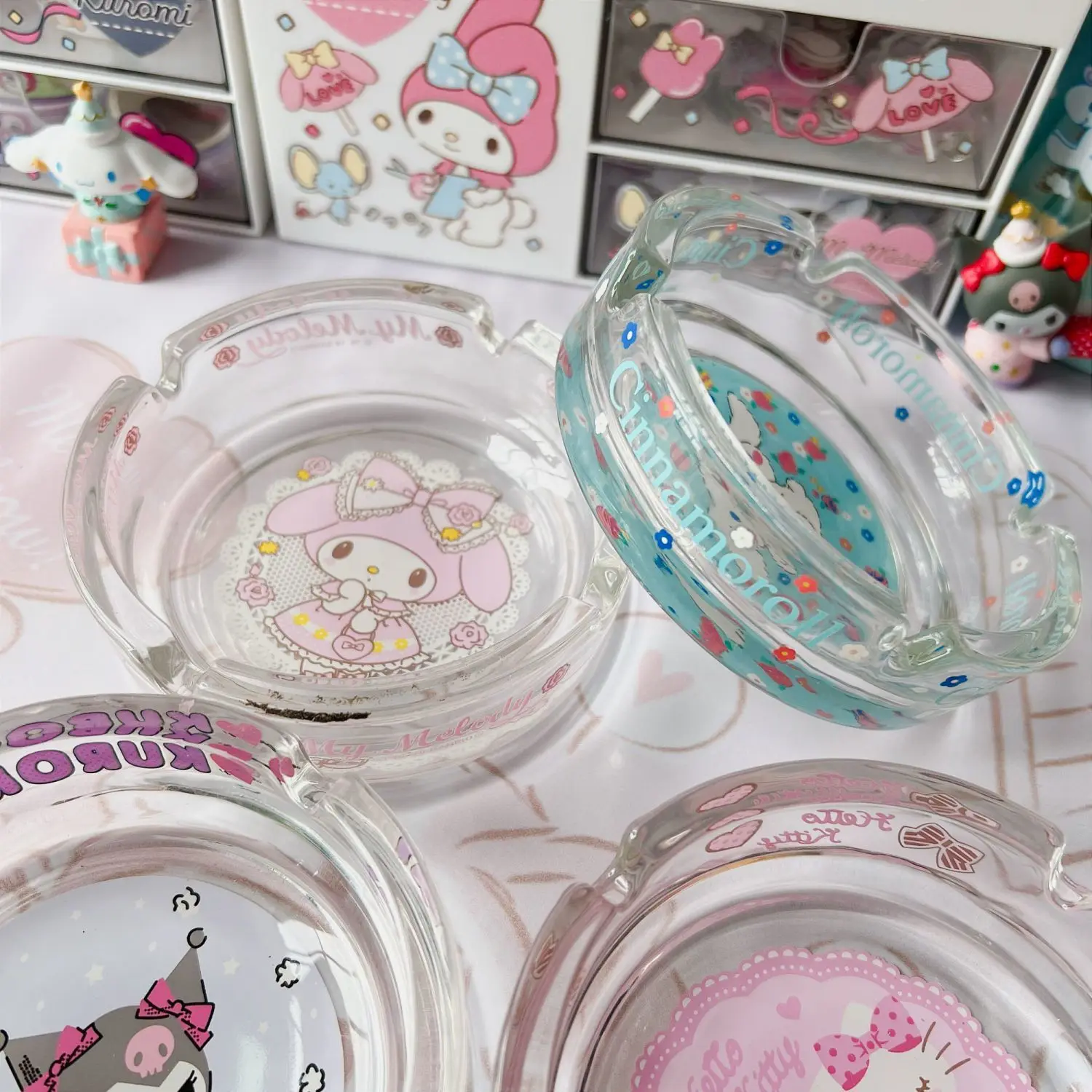 อะนิเมะ Sanrio Hello Kity Ashtray Melody แก้วการ์ตูนน่ารักสาวหัวใจบ้านเครื่องประดับในครัวเรือน Ash เก็บแผ่นอุปกรณ์เสริมของขวัญ