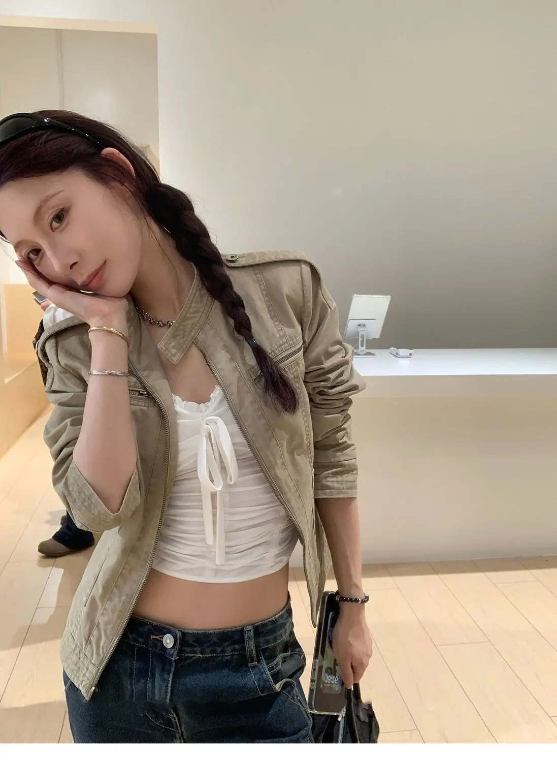 سترات سفاري كاهاكي يابانية عتيقة للنساء للخريف Y2k ملابس غير رسمية ملابس خروج أنيقة معاطف قصيرة موضة كورية 2000s #5