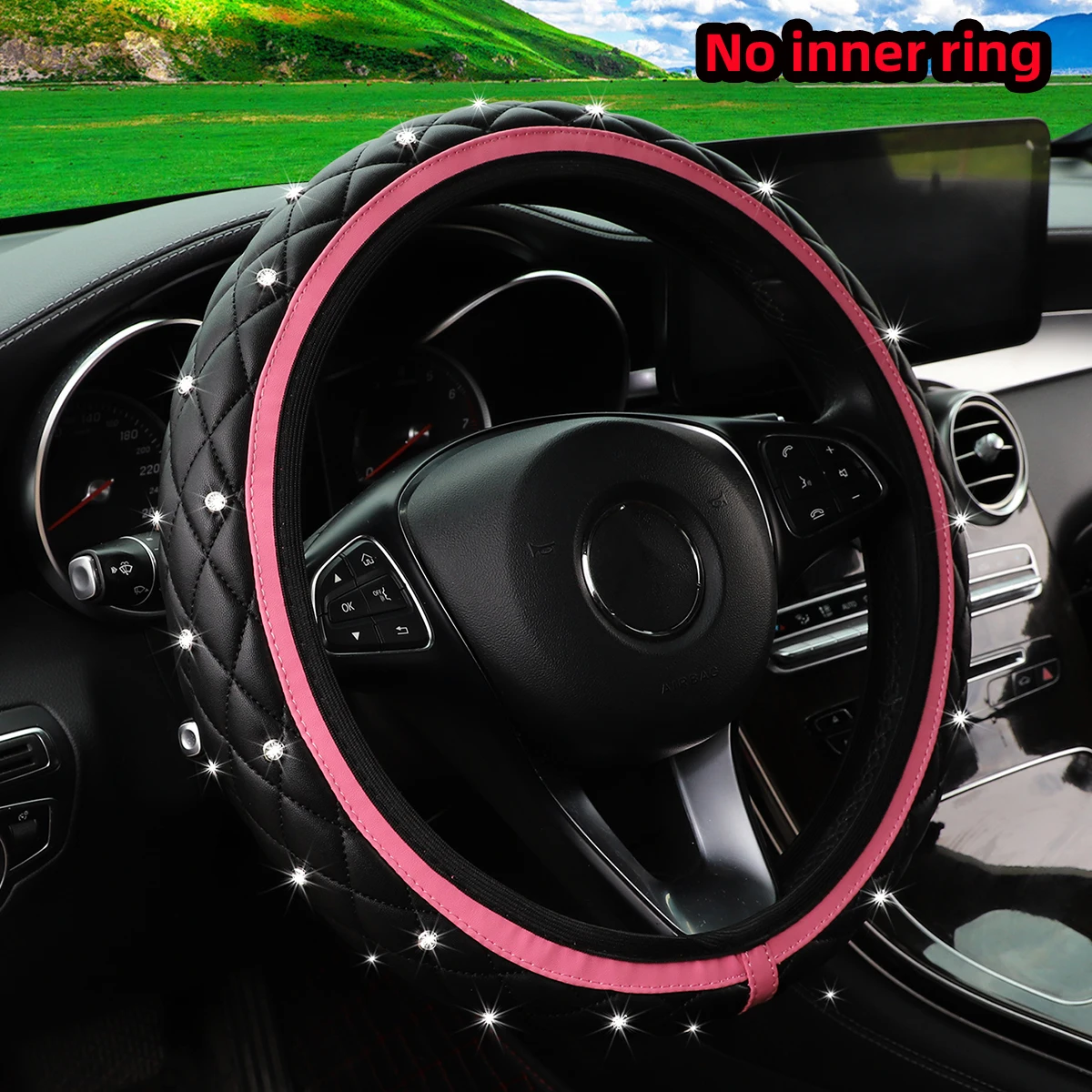1 PU skórzany haftowany stereo inkrustowany diamentami Blingbling pokrowiec na kierownicę samochodu do artykułów motoryzacyjnych 14,5-15 cali