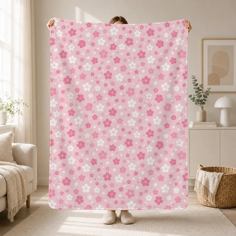 Beautiful Sakura Floral Pattern Sakura Throw Soft Plush Flannel Throw Blanket Sofa Bed Travel Home Decor