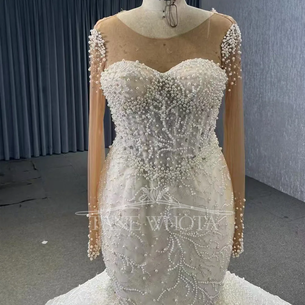 Robe Mariée Civile O-Neck Long Sleeve Beading Customized Luxury Wedding Dress