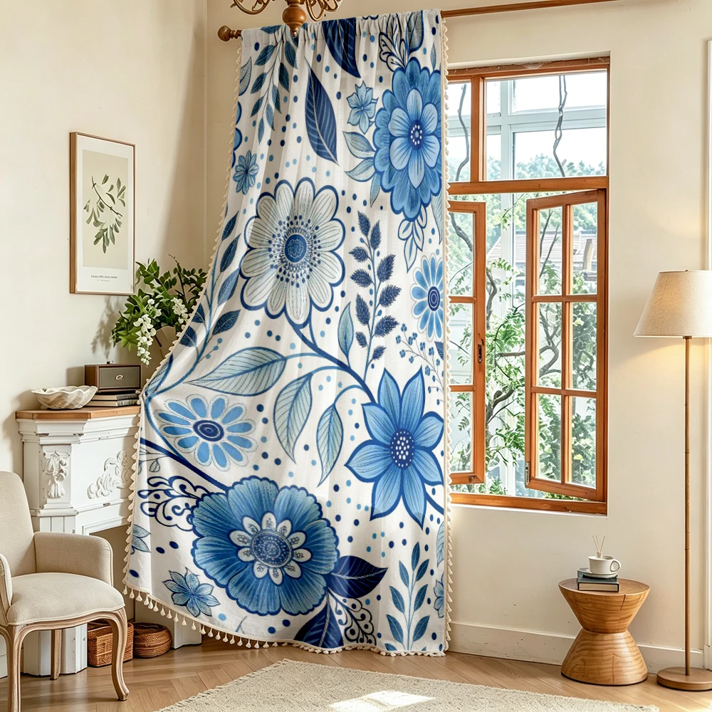 1PC Floral Tassel Sheer Curtains, Blue Porcelain Flower, Digital Print, Linen Polyester, Bedroom Living Room, Home Decor