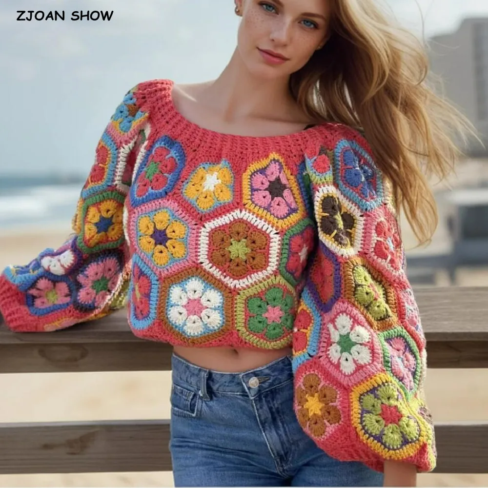 BOHO Colored Geometric Hand Crochet Sweater Pullovers Ethnic Woman Long Lantern sleeve Pullovers Knitwear Autumn Loose Jumper