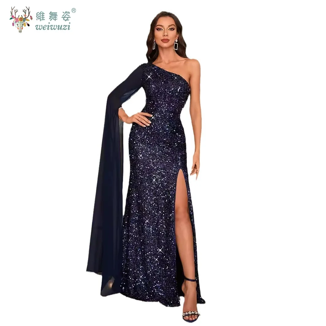 Robe de bal à paillettes bleu foncé scintillant, asymétrique épaule dénudée, fendue, Patchwork, en mousseline de soie, manches longues volantes, robe de soirée longue