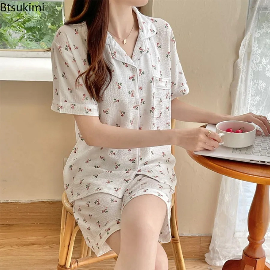 New 2025 Summer 100% Cotton Sleepwear Pajamas for Women Pijama Cherry Print Pyjamas  Set Two-piece Set Cute Loungewear Ladies