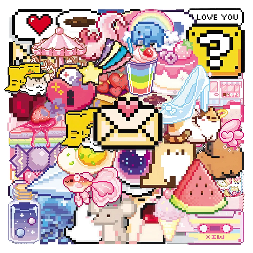 

10/30/50pcs Transparent Cute Pixel Style Graffiti Sticker Cartoon Animal Decals Water Bottle Laptop Phone Creative Sticker Pack