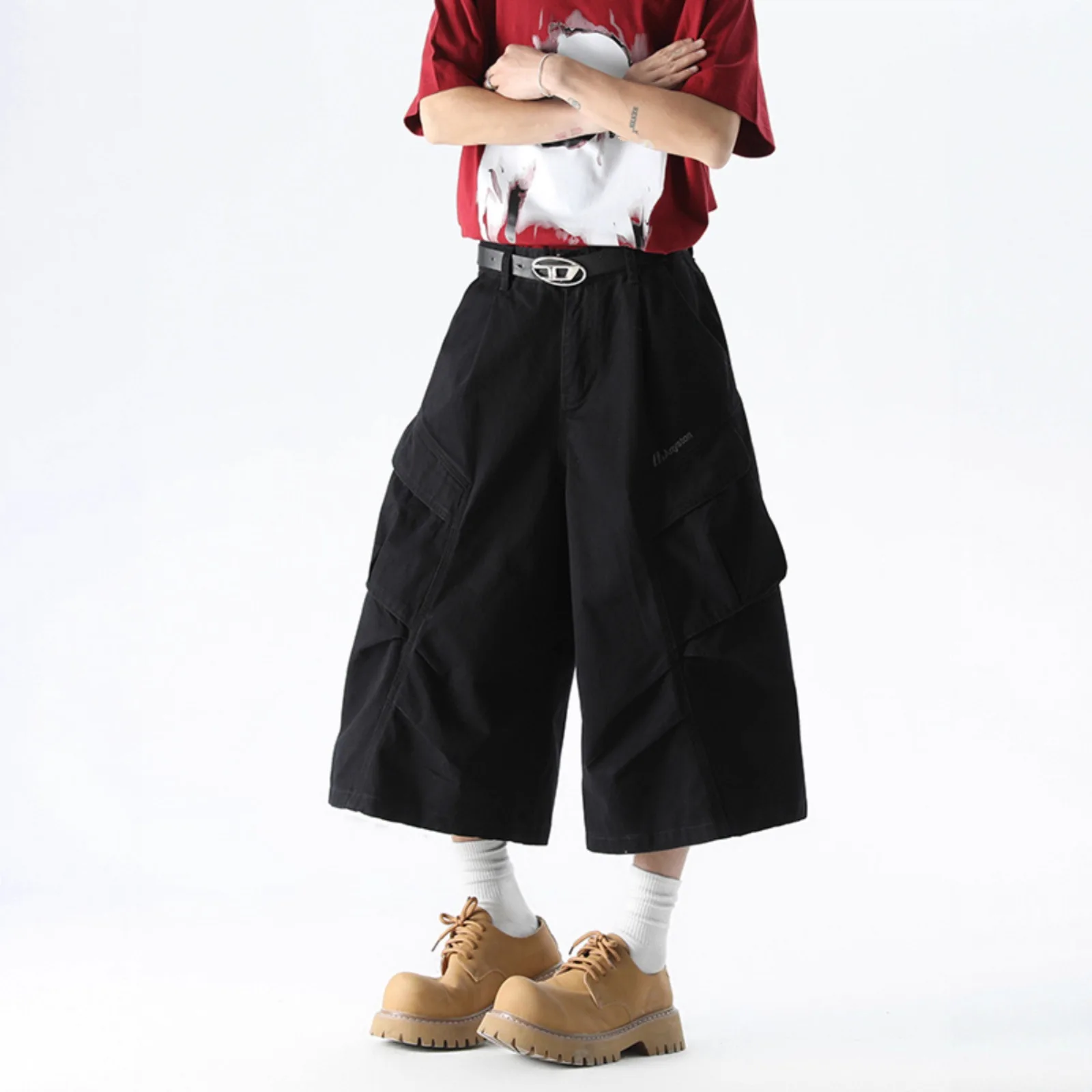 

Men's Multi Pocket Cargo Shorts Wide Leg Loose Fit Casual Utility Shorts American Streetwear Cropped Shorts