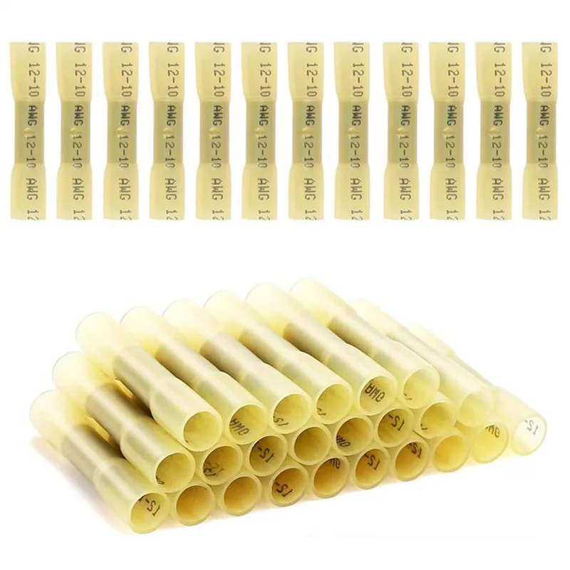 10-1000pcs Heat Shrink Butt Wire Connectors 12-10 AWG Yellow Insulated Waterproof Electrical Wire Crimp Terminals Butt Splices
