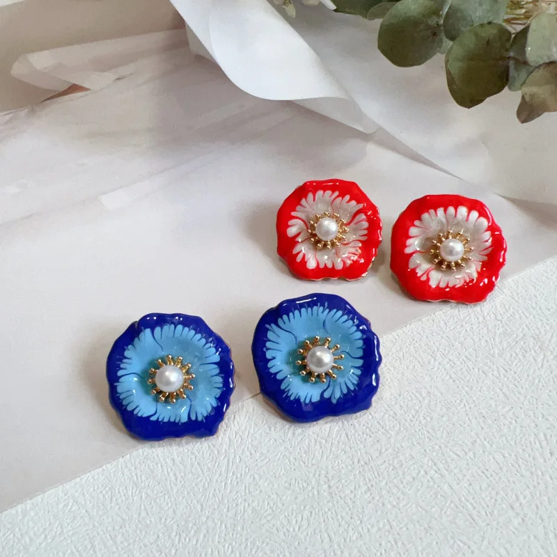 

Medieval national style elegant temperament poppy earrings, retro literary enamel freshwater pearls charming and exquisite earri