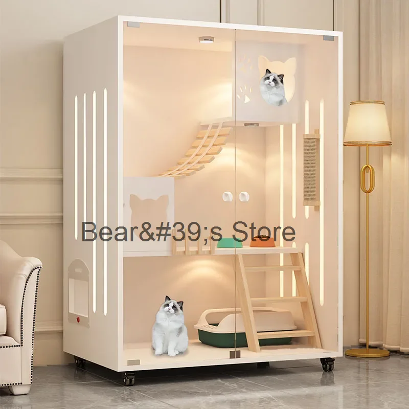 Cream-style Cat Cage for Pet Shop Density Board Cat House Double-layer Large Space Glass Door Light Luxury Simple Cage for Cats