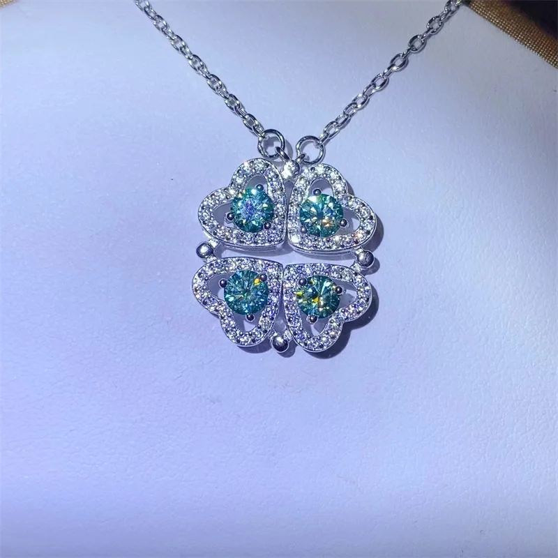 4mm/5mm Green Moissanite Necklace For Women S925 Sterling Silver 4 Leaf Clover Neck Chain Wedding Birthday Party Gifts Jewelry