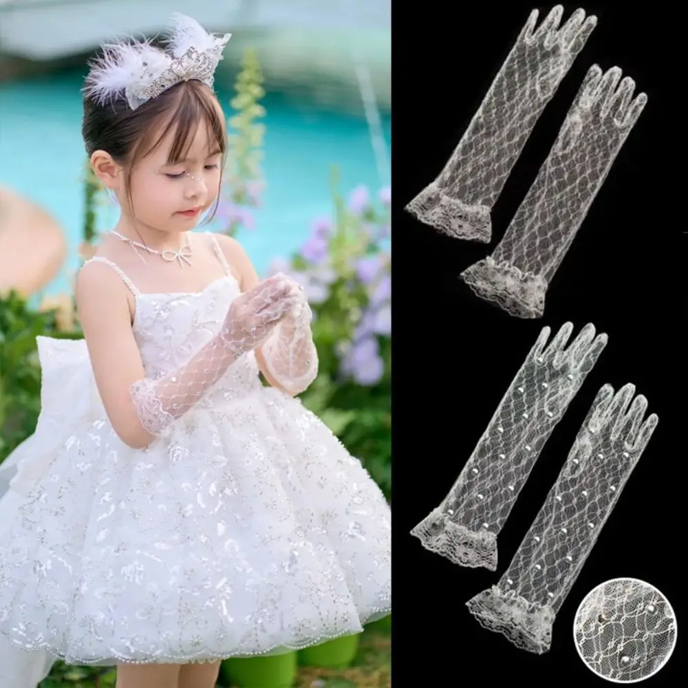 2Pairs قفازات الدانتيل الأبيض للأطفال خمسة أصابع مشرق حجر الراين الأميرة قفازات أنيقة شبكة الأداء قفازات