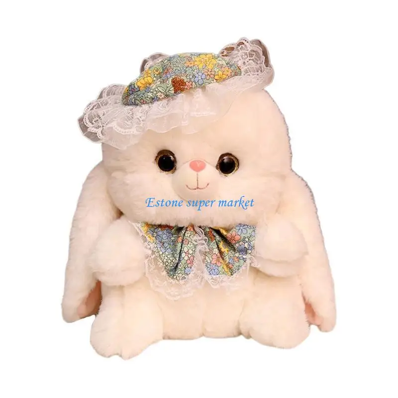 

090B Cartoon Rabbit Stuffed Doll Lace Hat Rabbit Doll Appease Toy for Babies