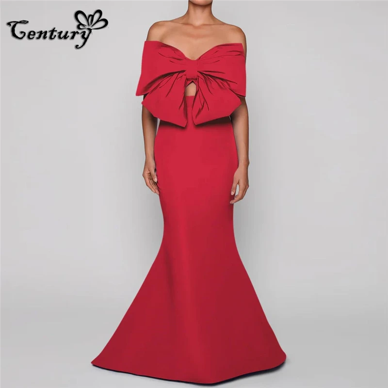 

Dark Red Prom Dress Long Big Bow Mermaid Strapless Sleeveless Zipper Satin Simple Evening Party Gowns Robe De Soiree