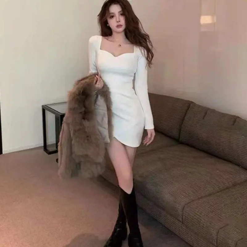 Ofallsis Gentle Charming White Square Neck Long Sleeved Dress 2024 Autumn New Irregular Interior Slim Fit Slimming Short Dresses