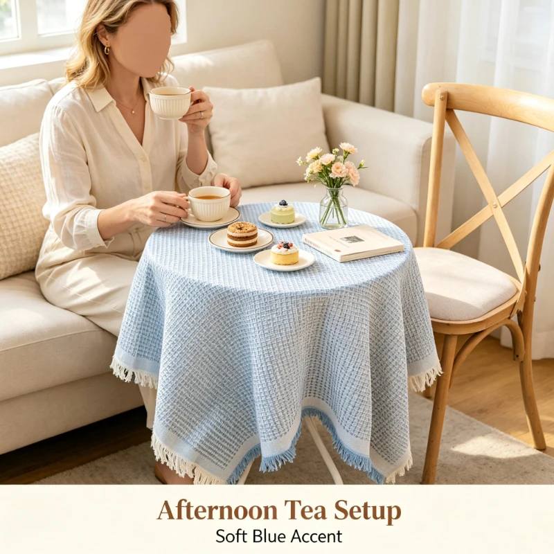 Waffle Cotton Tablecloth Blue Tassel Decorative Cover For Outdoor Garden Camping Round Square Coffee Table Desk Cloth