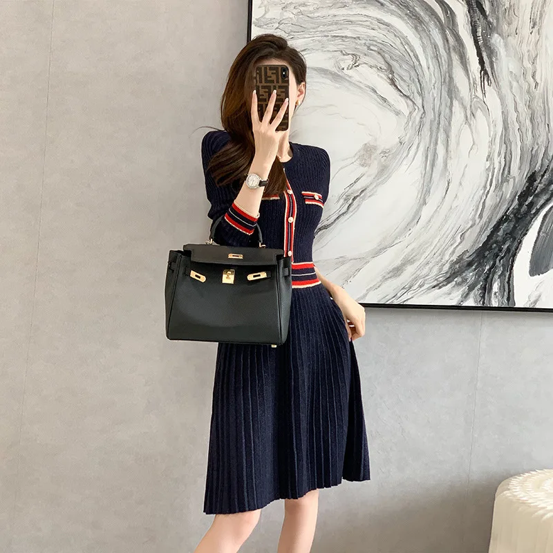 2024Fashion Knit Dress Women Autumn Ribbed Contrast Long Sleeve High Waist Lapel Gown Dress Knitwear Ladies Maxi Dress R91