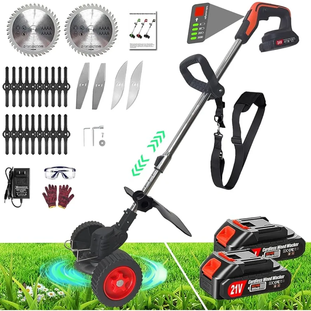 

Electric Weed Wacker Cordless , 24V/2000mAh Brush Cutter with 4 Types Blades, Lightweight Wheeled Grass Trimmer/Weed Trimmer