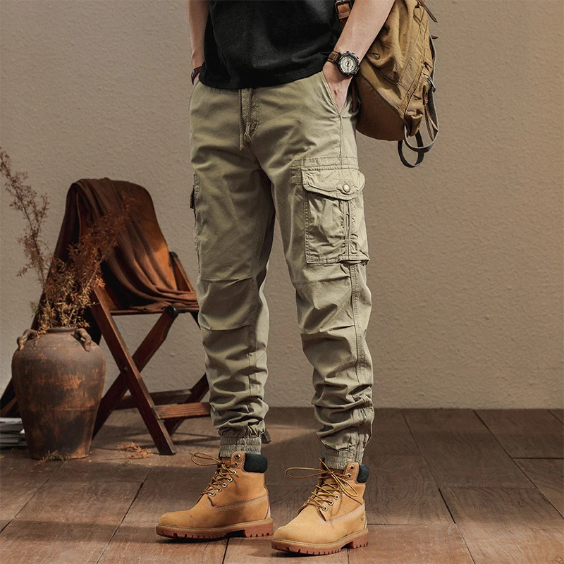 Men's Retro Solid Color Cotton Work Pants for Autumn Winter Durable Casual Trousers with Multiple Pockets