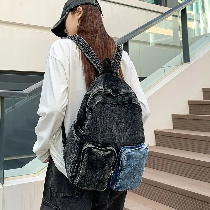 

Washed Denim Backpack Gradient Color Fashion Simple Casual High-Capacity Backpack Vintage