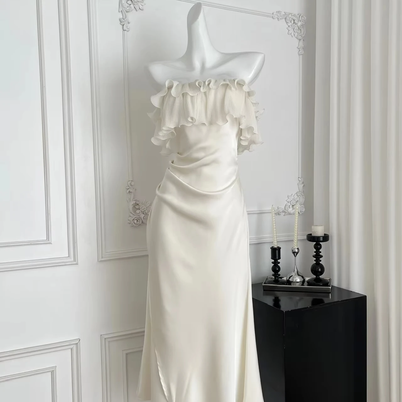 فستان حورية البحر من الساتان ذو الرغبة النقية فستان حورية البحر متقدم بخصر نحيف وياقة منحرفة رداء مكشكش مثير احتفالي مودا فيستدوس #3