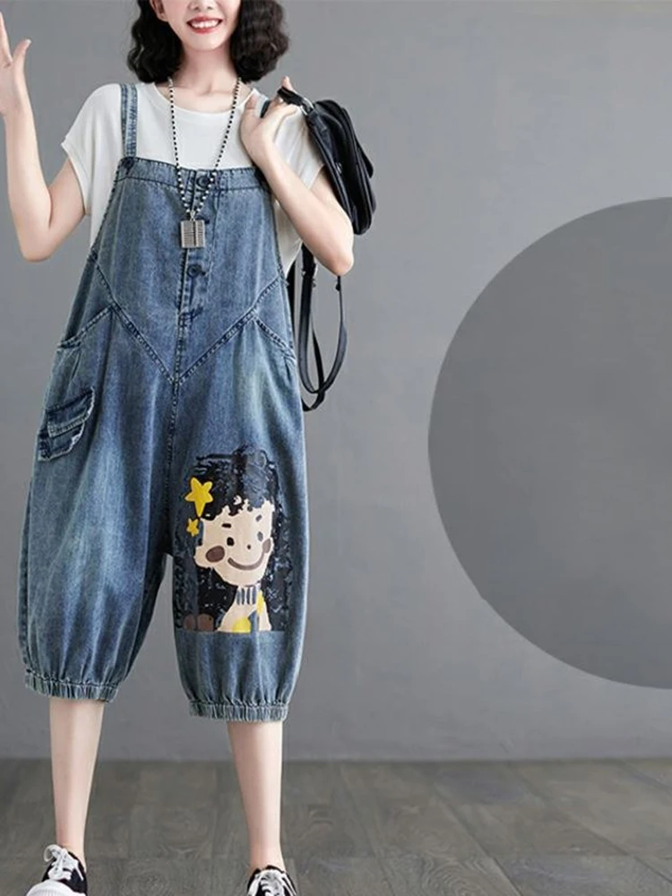 DENIM Jumpsuits ผู้หญิงวินเทจเกาหลีสไตล์ One Piece ชุดลําลอง Cropped Rompers พิมพ์โคมไฟกางเกงยีนส์ฤดูร้อนเสื้อผ้าผู้หญิง