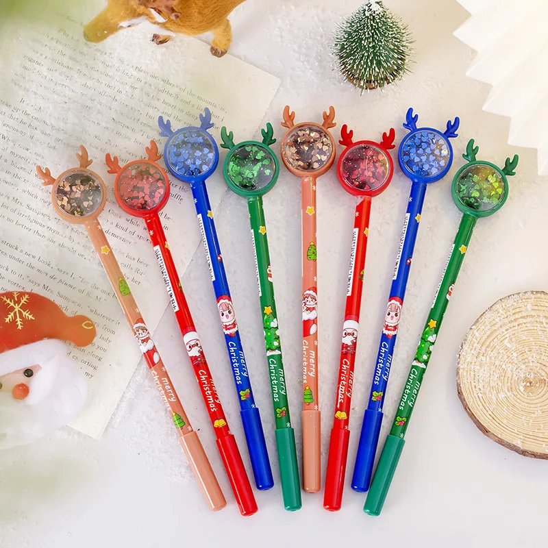 

24 Pcs Wholesale Cute Creative Glitter Sequins Reindeer Antlers Neutral Pen Waterpen Christmas Stationery Gifts Prizes