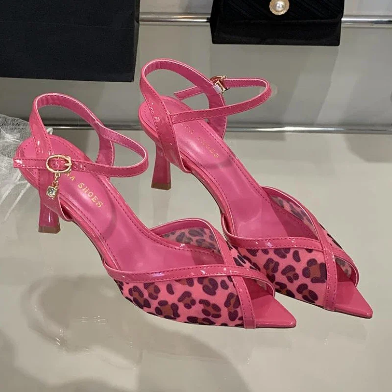 

Sexy Leopard Mesh Sandals Women High Heels Fashion Peep Toe Hollow Ankle Strap Designer Brand Party Dress Shoes Ladies Pumps