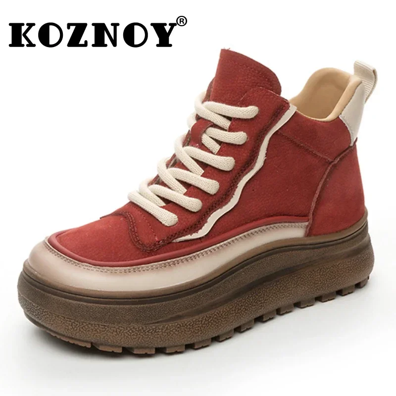 Koznoy 5cm Suede Genuine Leather Ankle Booties Women Autumn Boot Flats Winter Plush Thick Sole Motorcycle Platform Wedge Shoes