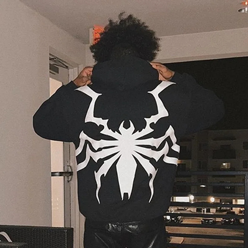 Y2K Hoodie Hip Hop Retro Full body spider print Oversized Sweatshirt Men Women Gothic Pullover 2000s punk black Hoodie Clothes