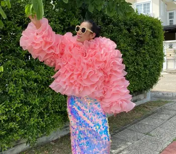 Chemisier rose à volants en organza pour femmes, veste en tulle superposée, robe de soirée, volants courts, taille personnalisée