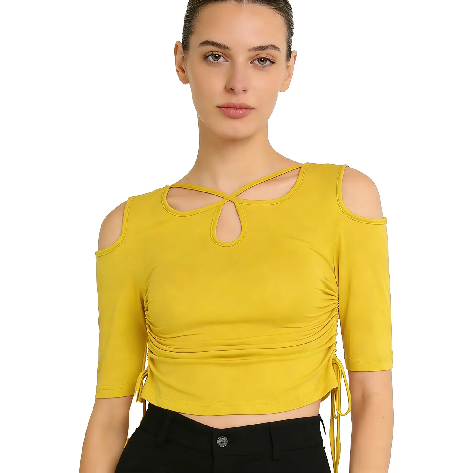 

Women Crossing Straps Cropped Top Dance Yoga Clothes Half Sleeves Side Drawstring Shirt for Belly Dance Latin Tango Dancewear