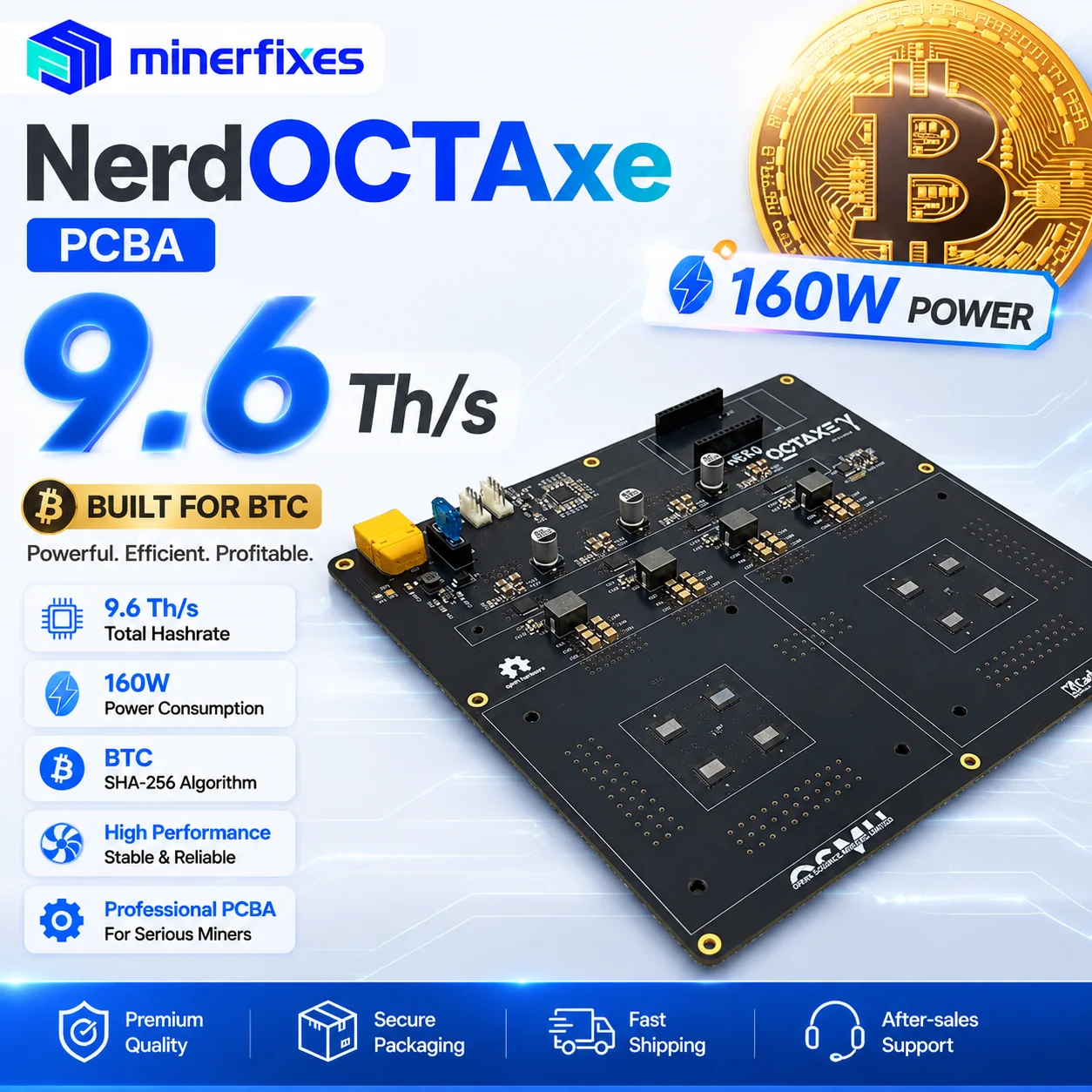 NerdOCTaxe 9.6T PCBA with BM1370 Chips 9.6TH/s 160W SHA-256 Bitcoin Miner Board High Efficiency Crypto Mining Hardware PCBA DIY