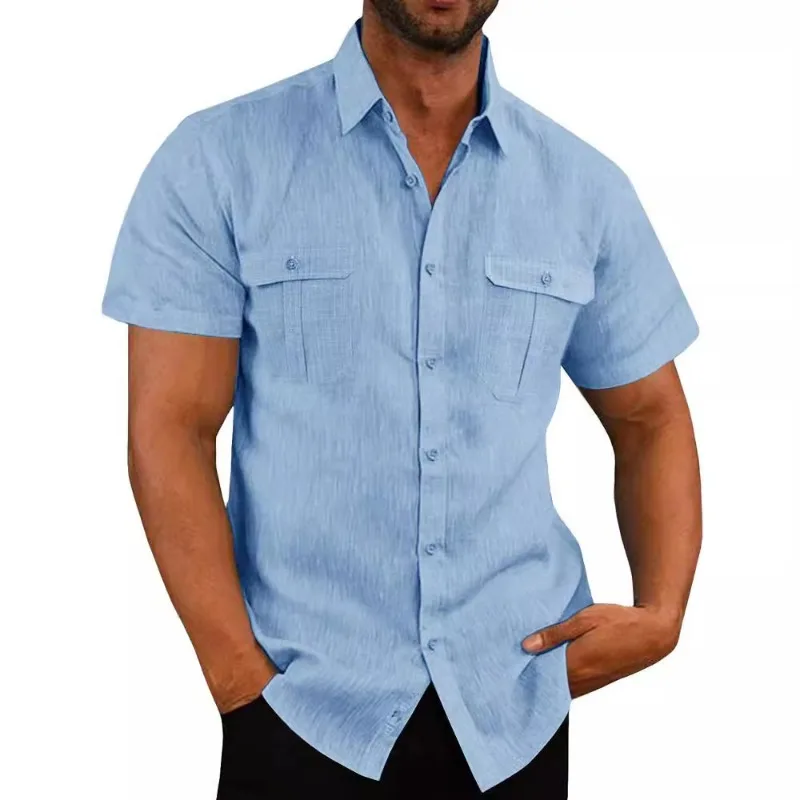 Men Dual Chest Pocket Linen Cotton Short Sleeve Shirt Loose Breathable Holiday Casual Button Down Shirts