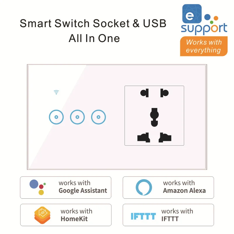 

1-2-3 Gang Tuya/Ewelink WiFi Smart Switch with Socket Crystal Glass panel 90~250V EU US Socket,UK Double USB Socket ,alexa
