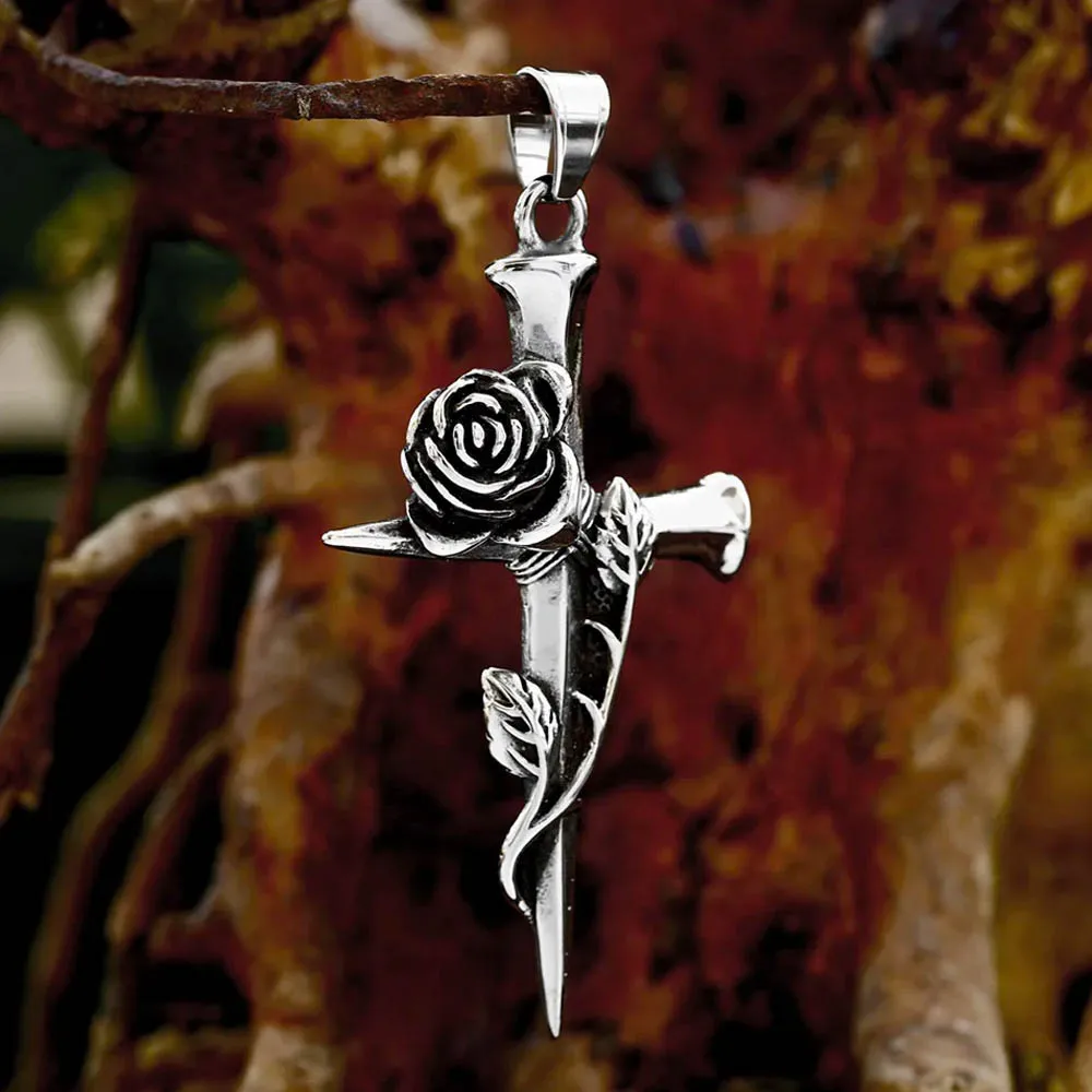 New Arrival 316L Stainless Steel Nail Cross Rose Pendant Necklace High Polished Men's Pendant Romantic Jewelry Gift Wholesale