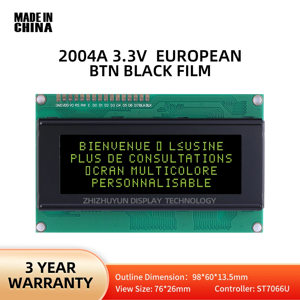 Rick LCD Tech BTN européen, écran LCM, film noir jaune, contrôleur ST7066U, technologie pet16 broches, 2004A, 3.3V